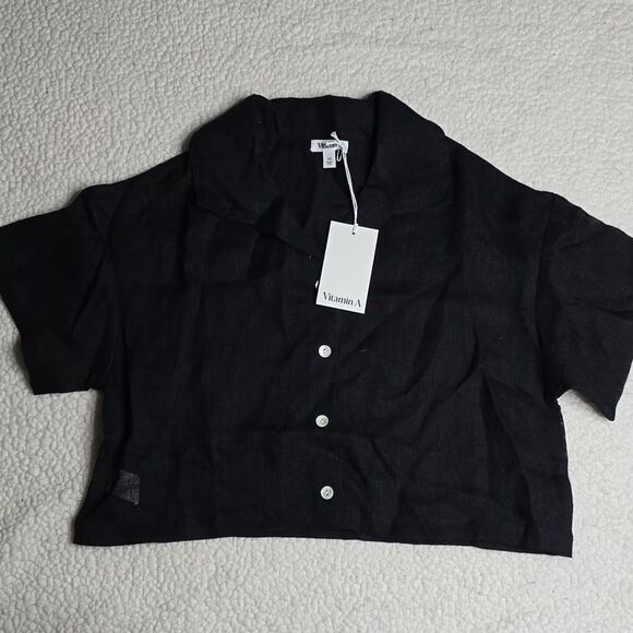 988 NWT Vitamin A Hana Cropped Shirt - Black EcoLinen SZ XS - Picture 3 of 10